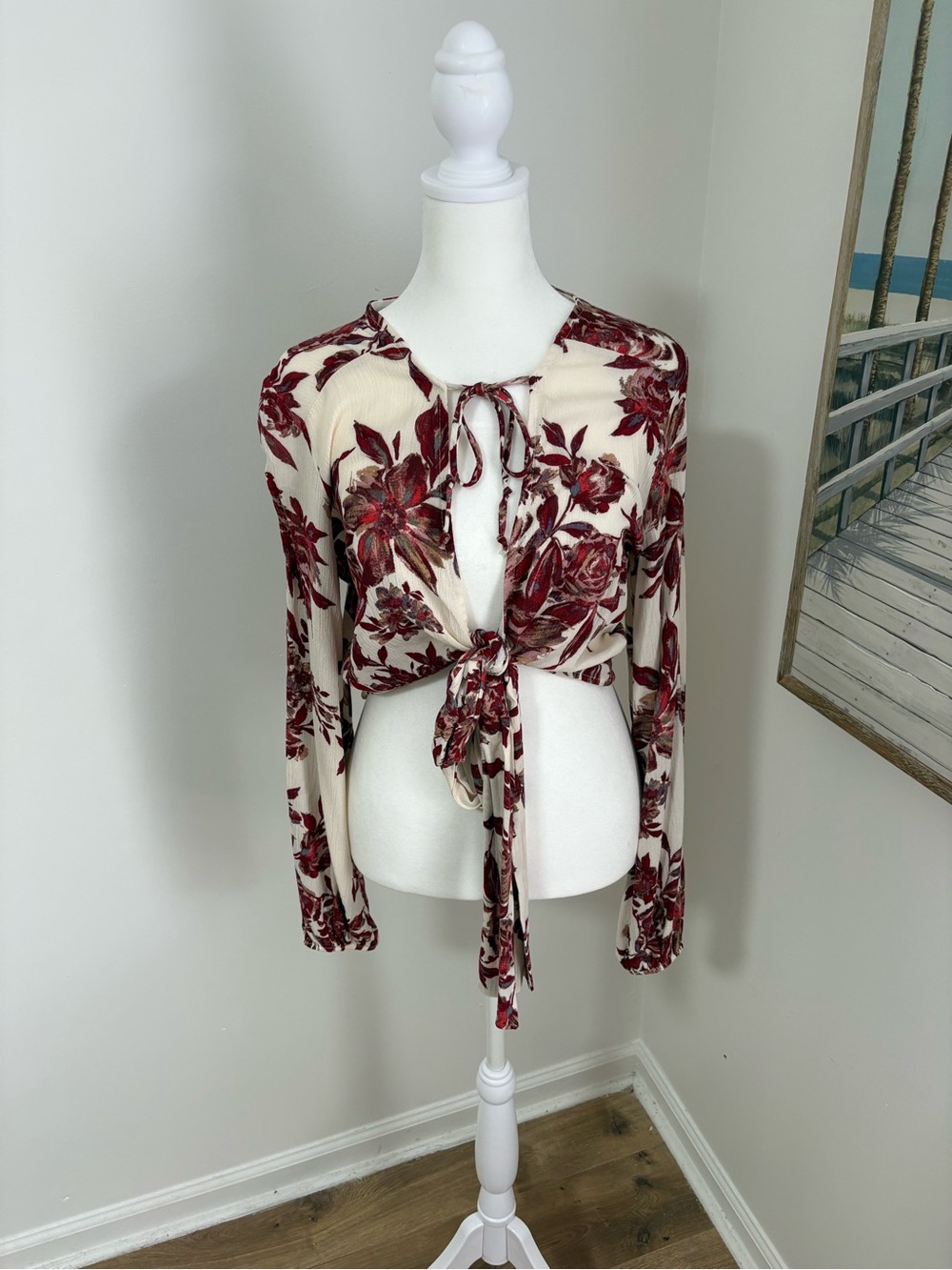 How.Very.Loved Floral Tie Front Cropped Long Sleeve Blouse Ivory Burgundy